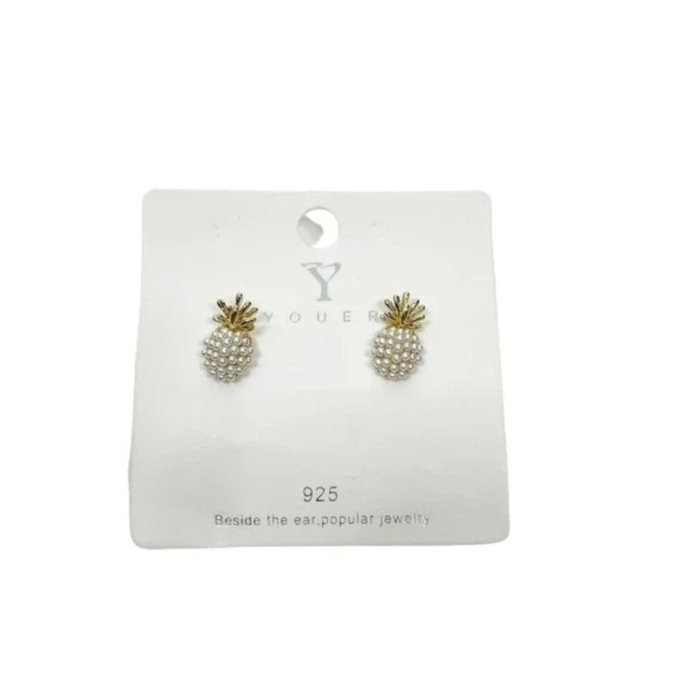 3/$35 NEW Pineapple Earrings Post Gold Tone Pearl Tropical Beach Vacation - Picture 6 of 9